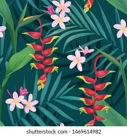 Seamless pattern of Heliconia flowers or lobster-claws and tropical leaf background. Vector set of exotic tropical garden for holiday invitations, greeting card and fashion design.