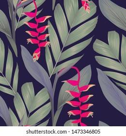 Seamless pattern of Heliconia flowers or lobster-claws and tropical leaf background. Vector set of exotic tropical garden for holiday invitations, greeting card and fashion design.