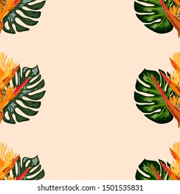 Seamless pattern of Heliconia flowers or lobster-claws and tropical leaf background.