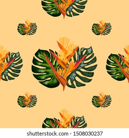 Seamless pattern of Heliconia flowers or lobster-claws and tropical leaf background.
