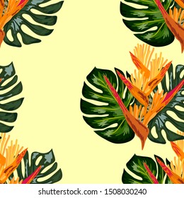 Seamless pattern of Heliconia flowers or lobster-claws and tropical leaf background.