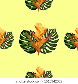 Seamless pattern of Heliconia flowers or lobster-claws and tropical leaf background.