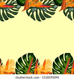 Seamless pattern of Heliconia flowers or lobster-claws and tropical leaf background. exotic tropical garden for holiday invitations, greeting card and fashion design.