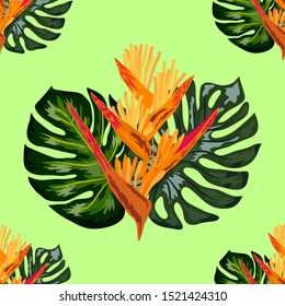 Seamless pattern of Heliconia flowers or lobster-claws and tropical leaf background.