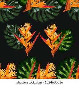 Seamless pattern of Heliconia flowers or lobster-claws and tropical leaf background.