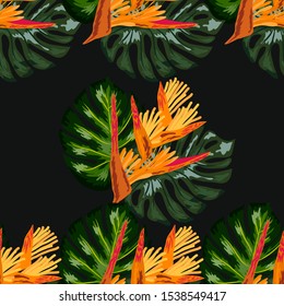 Seamless pattern of Heliconia flowers or lobster-claws and tropical leaf background.
