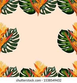 Seamless pattern of Heliconia flowers or lobster-claws and tropical leaf background.