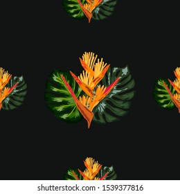 Seamless pattern of Heliconia flowers or lobster-claws and tropical leaf background. exotic tropical garden for holiday invitations, greeting card and fashion design.