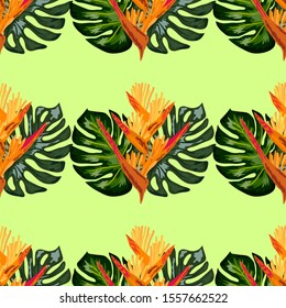 Seamless pattern of Heliconia flowers or lobster-claws and tropical leaf background. exotic tropical garden for holiday invitations, greeting card and fashion design.