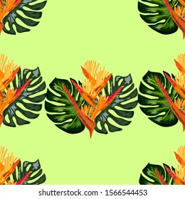 Seamless pattern of Heliconia flowers or lobster-claws and tropical leaf background. exotic tropical garden for holiday invitations, greeting card and fashion design.