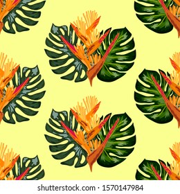 Seamless pattern of Heliconia flowers or lobster-claws and tropical leaf background. exotic tropical garden for holiday invitations, greeting card and fashion design.