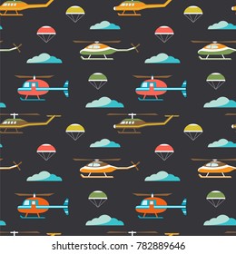 Seamless pattern with helicopter, parachute, clouds on gray background. Vector fabric design