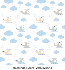 Seamless pattern of helicopters and blue clouds for nursery wallpaper or fabric design for kids