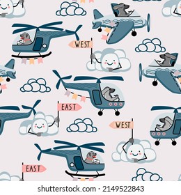 Seamless pattern with helicopters and dog pilots, clouds pointing west and east in cartoon .Childish background and texture for printing on fabric and paper.Vector flat illustration for design card.