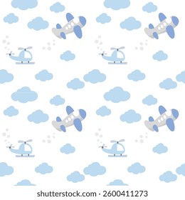 Seamless pattern of helicopters, planes, and clouds for nursery wallpaper or fabric design for kids