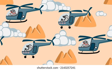 Seamless pattern with helicopters,dog pilots, mountains and clouds.Childish background and texture for printing on fabrics and paper.Hand drawn vector flat cartoon illustration for design card,cover.