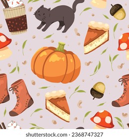 Seamless pattern of hello Autumn Element, Cute cartoon wallpaper for textile, Thanksgiving Day seamless pattern theme, for use as wallpaper or gift wrap paper.