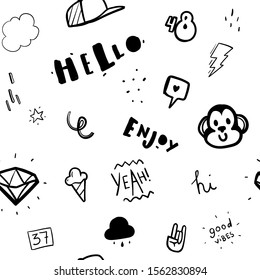 Seamless pattern with "hello", "enjoy" inscriptions, monkey, diamond, ice cream, etc. Background with hand drawn elements. Vector illustration in cartoon style for hoodie or t shirt print. 