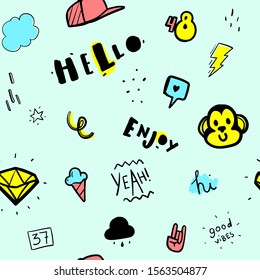 Seamless pattern with "hello", "enjoy" inscriptions, monkey, diamond, ice cream, etc. Background with hand drawn elements. Vector illustration in cartoon style for hoodie or t shirt print. 