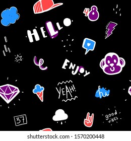 Seamless pattern with "hello", "enjoy" inscriptions, monkey, diamond, ice cream, etc. Background with hand drawn elements. Vector illustration in cartoon style for hoodie or t shirt print. 