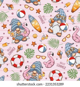 Seamless Pattern Hello Summer With Cute Gnome On Pink Background