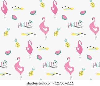 Seamless pattern, Hello summer with flamingos, pineapple and watermelon vector illustration.