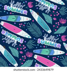 Seamless pattern Hello summer with stand up Inflatable paddle supboard, tropic leaves and flowers 