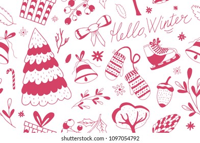 Seamless pattern hello winter card with winter forest tree cute decorative elements.Vector hand drawn vintage background set.