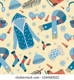 Seamless pattern. Hello,Winter. Various elements of winter attributes. Beige background. Vector