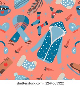 Seamless pattern. Hello,Winter.  Various elements of winter attributes. Red background. Vector