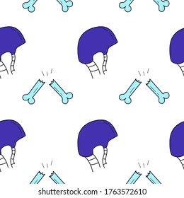 Seamless pattern of helmets for bicycles and skateboarding. Purple helmet and blue bones. Street sport.Linear and color pattern.