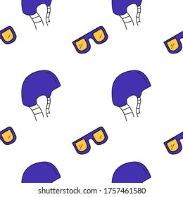 Seamless pattern of helmets and sunglasses. Helmet for bike and skateboard.Summer decor. Vector pattern