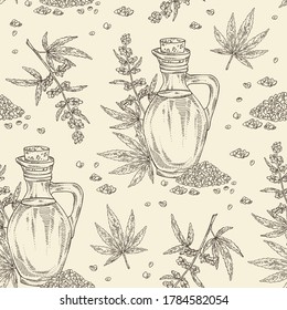 Seamless pattern with hemp, cannabis and bottle of cannabis oil. Vector hand drawn 