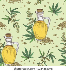 Seamless pattern with hemp, cannabis and bottle of cannabis oil. Vector hand drawn 