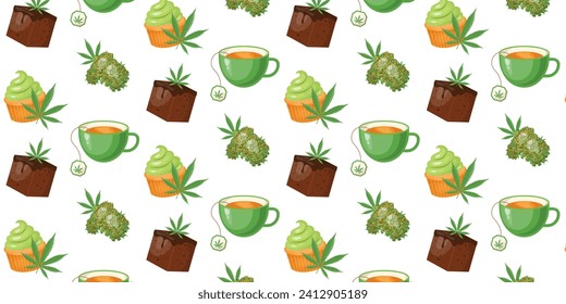 Patrón sin foco con cáñamo, cannabis, cbd, brownie, quequito, té, brotes. Postres de terapia con cannabis. Ilustración vectorial al estilo de las caricaturas realistas.