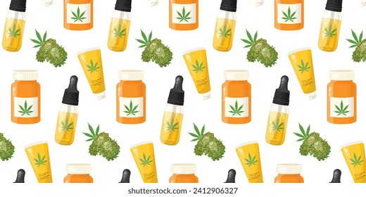 Seamless pattern with hemp cannabis cbd cream, oil, tablets, capsules, drug, marijuana buds. Vector illustration in realistic cartoon style. Cannabis therapy.