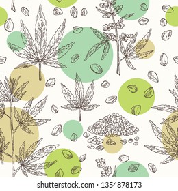 Seamless pattern with hemp: cannabis seeds and plant. Superfood. Cosmetic and medical plant. Vector hand drawn illustration