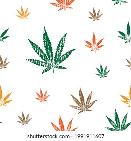 Seamless pattern of hemp leaf prints on a white background.