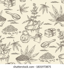 Seamless pattern with hemp leaves, cannabis plant and seeds, leaves, soap and bath salt . Cosmetic and medical plant. Vector hand drawn illustration. 