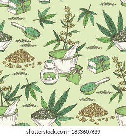 Patrón sin foco con hojas de cáñamo, planta de cannabis y semillas, hojas, jabón y sal de baño. Planta cosmética y médica. Ilustración dibujada a mano por vectores. 