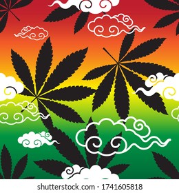 Seamless pattern of the hemp leaves on Reggae style background.