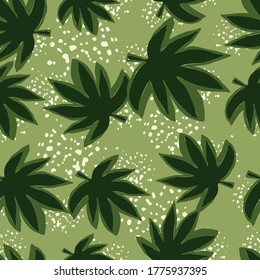 Seamless pattern with hemp leaves on grunge background. Botanical wallpaper. Decorative backdrop for fabric design, textile print, wrapping, cover. Vector illustration.