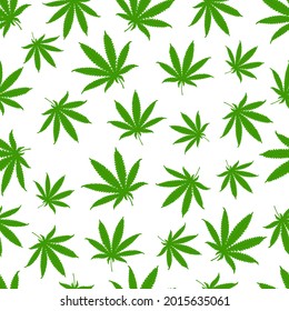 Seamless pattern with hemp leaves on a white background. Vector illustration.