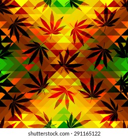Seamless pattern of the hemp leaves on geometric background.