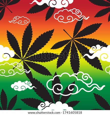 Seamless pattern of the hemp leaves on Reggae style background.