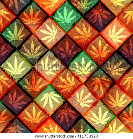 Seamless pattern of the hemp leaves on geometric background.