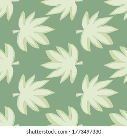 Seamless pattern with hemp leaves in pastel green tones. Botanical wallpaper. Decorative backdrop for fabric design, textile print, wrapping, cover. Vector illustration.