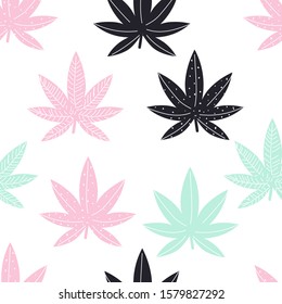 Seamless pattern with hemp leaves. Vector illustration for printing on fabric, clothing, wrapping paper, Wallpaper.