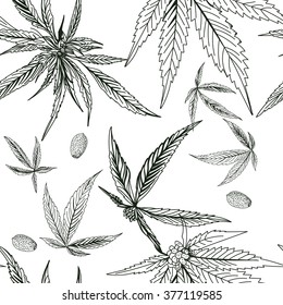 Seamless pattern, hemp, marijuana, black and white