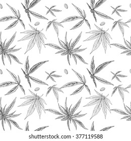 Seamless pattern, hemp, marijuana, black and white